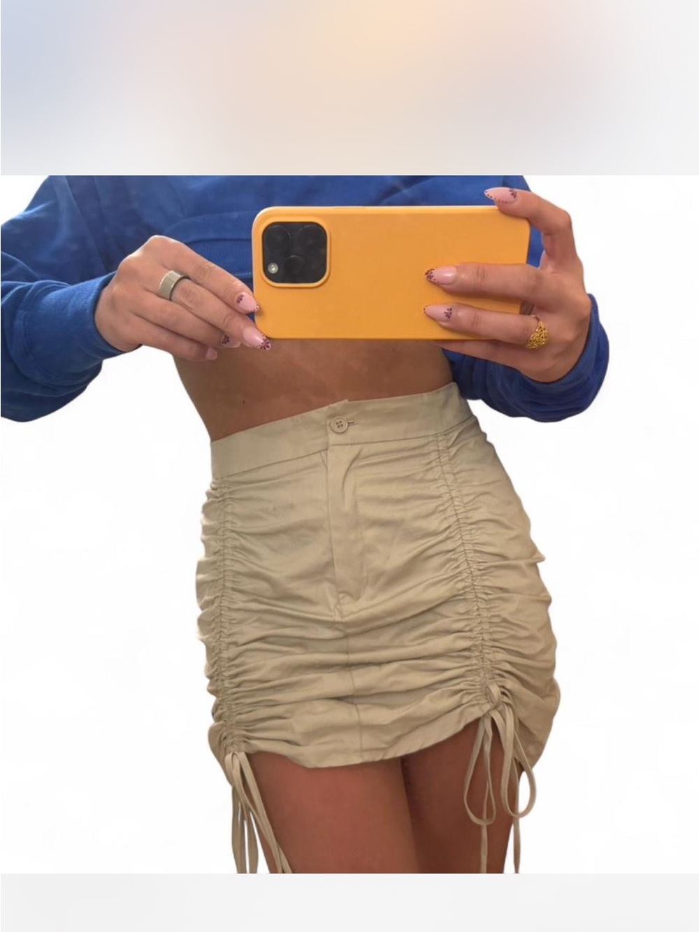 Adjustable Ruched Mini Skirt in Beige